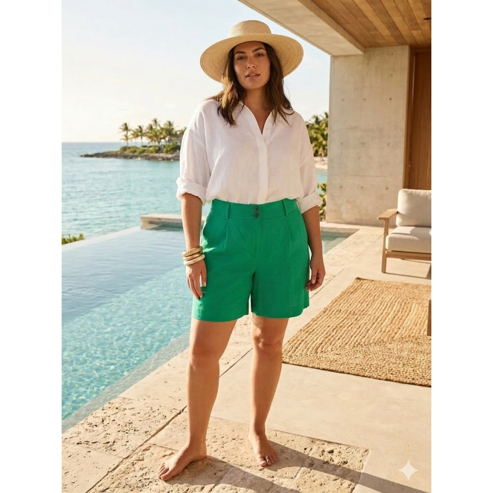 Boden Green Linen High Waisted Resort Shorts Plus Size 16 18